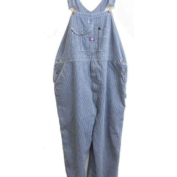 Vtg USA Works Sz 46x30 Railroad Stripe Carpenter Bib Denim Overalls Made in USA